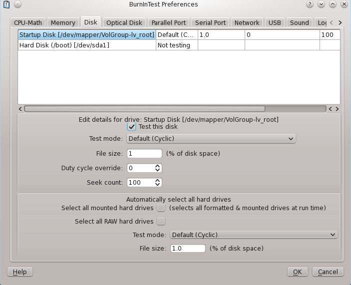 Disk test preferences